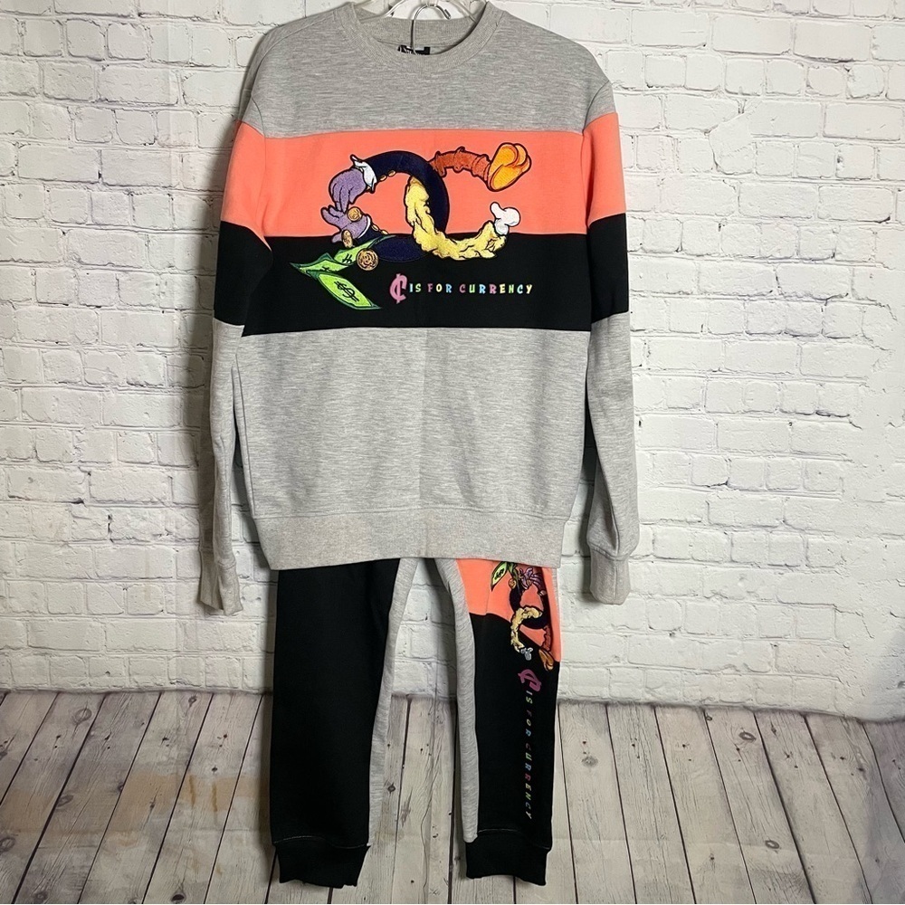Genuine Gray Black Orange Two Piece Money Graphic Streetwear Sweat suit Large
